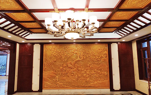 海盐中式别墅客厅中式木作横梁吊顶装饰展示